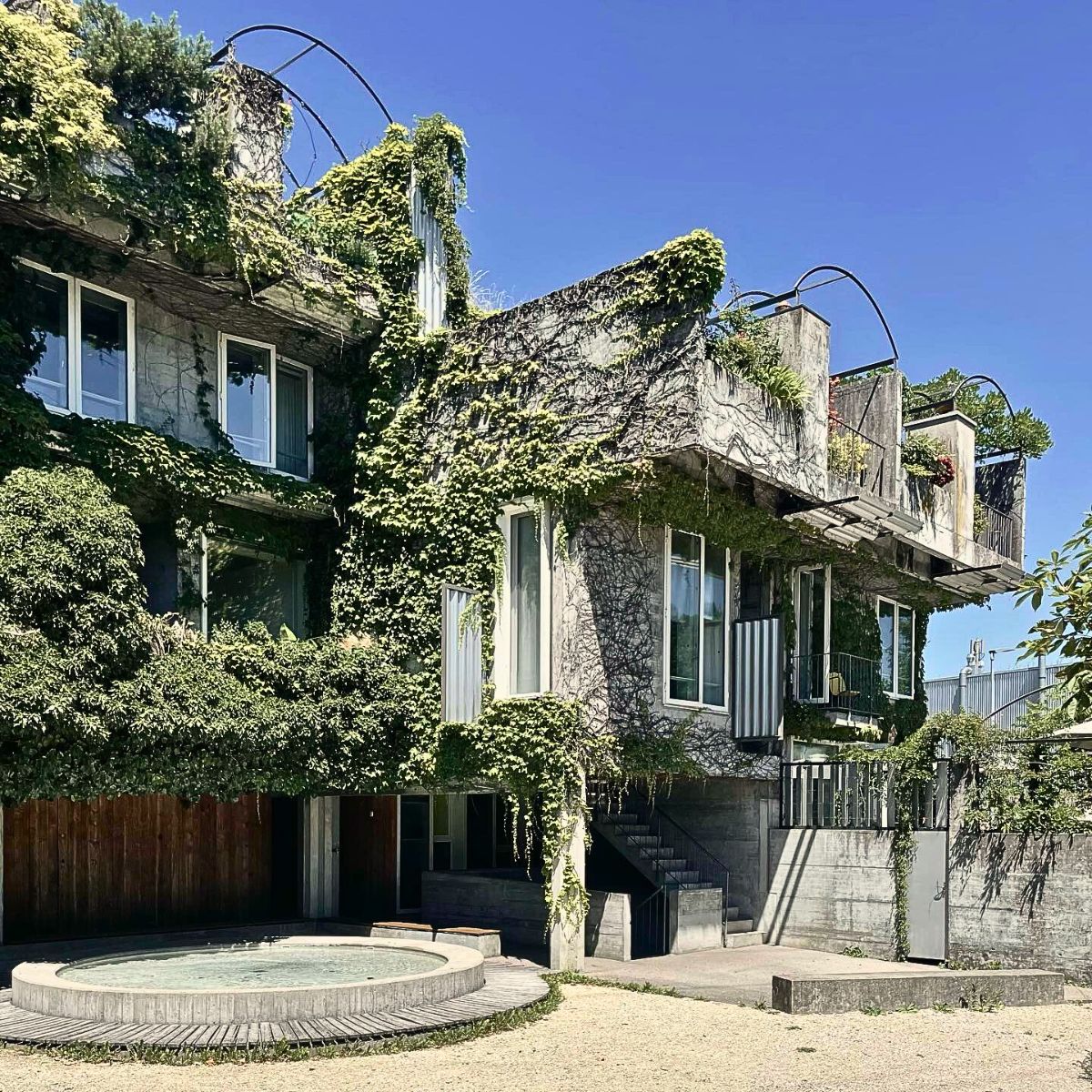 Fusion of Brutalist Architecture and Lush Vegetation 