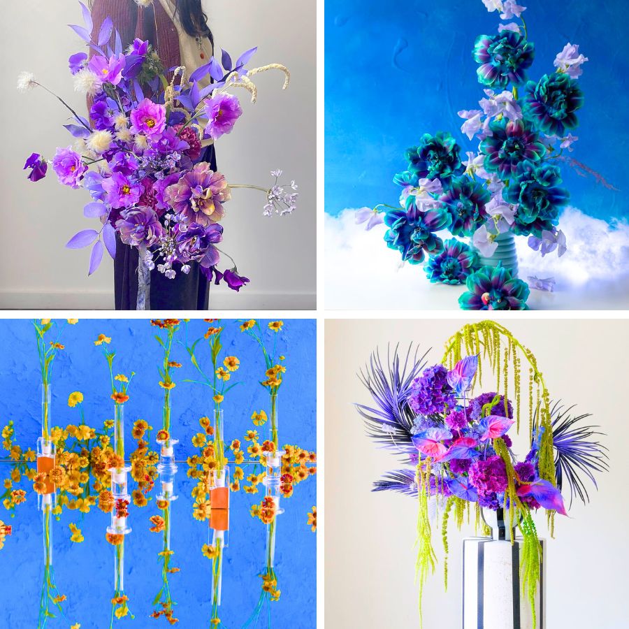 Floral designs in purple yellow and blue tones