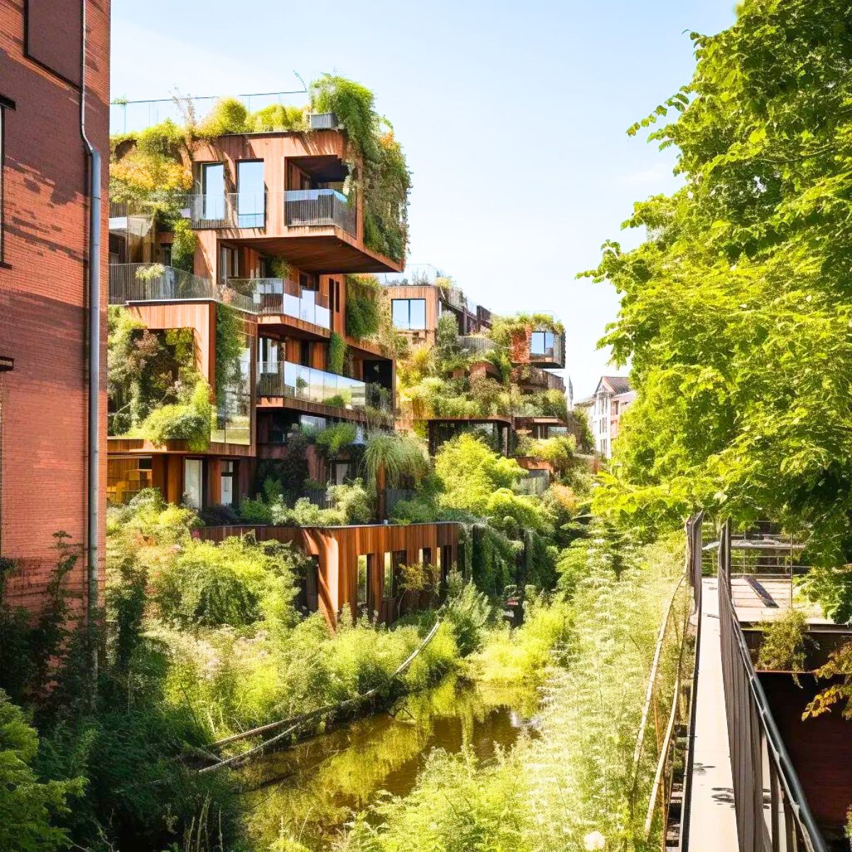 Eco brutalism in a building filled with natural environment and plants