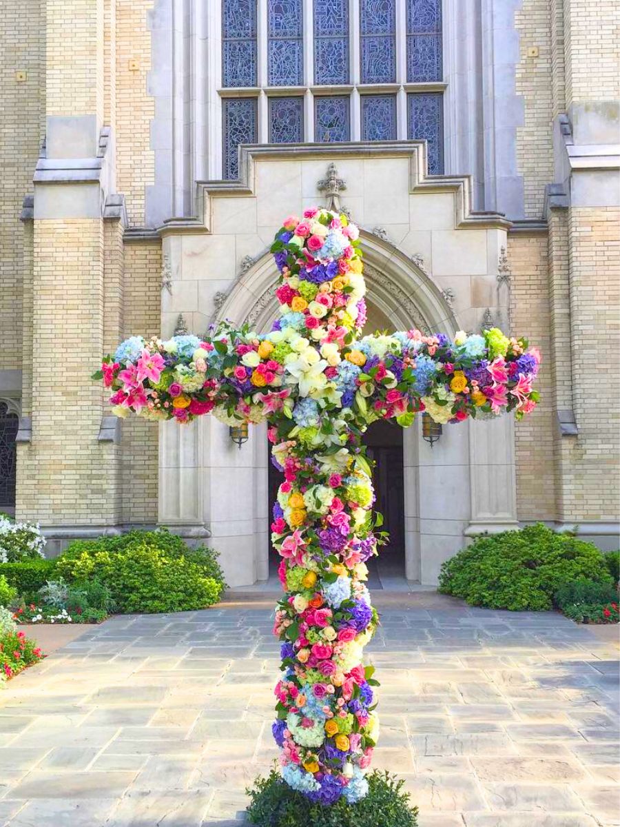 Flower cross outside of a church