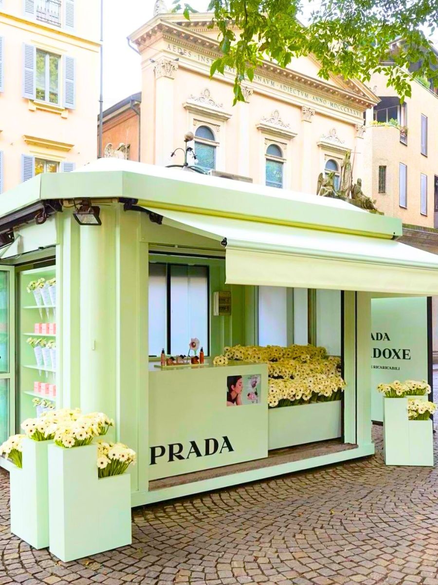 Prada white daisy floral popup for their new perfumes