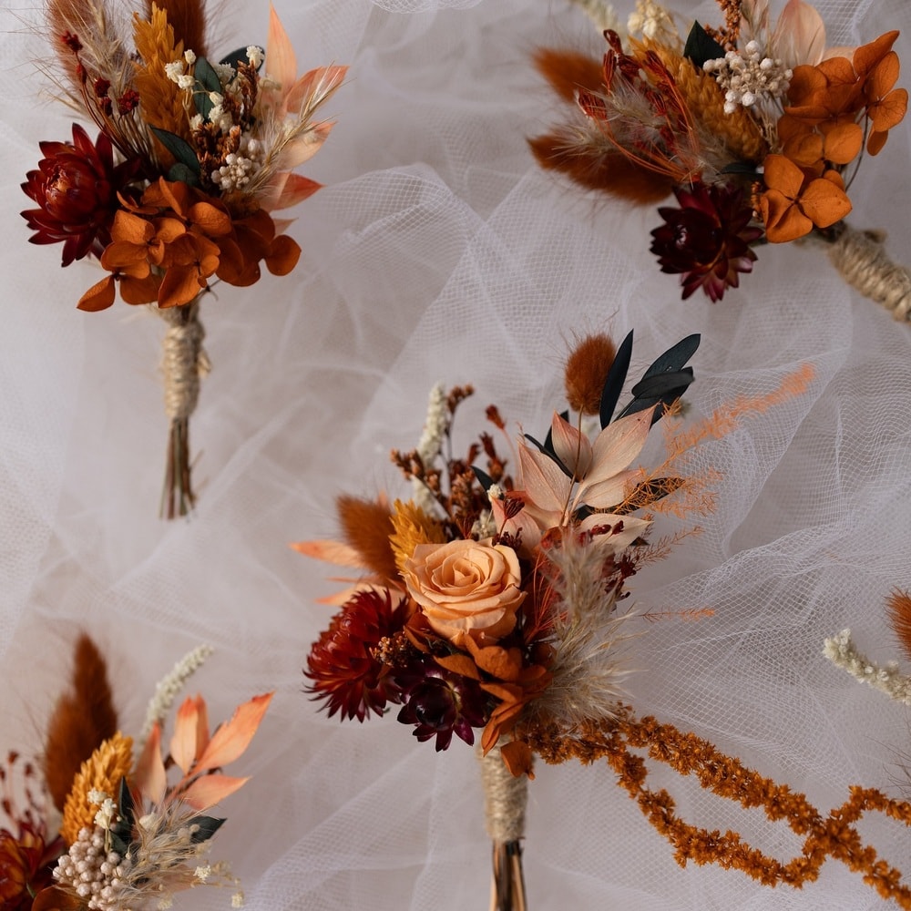 bouquets made of colored preserved roses and preserved flowers