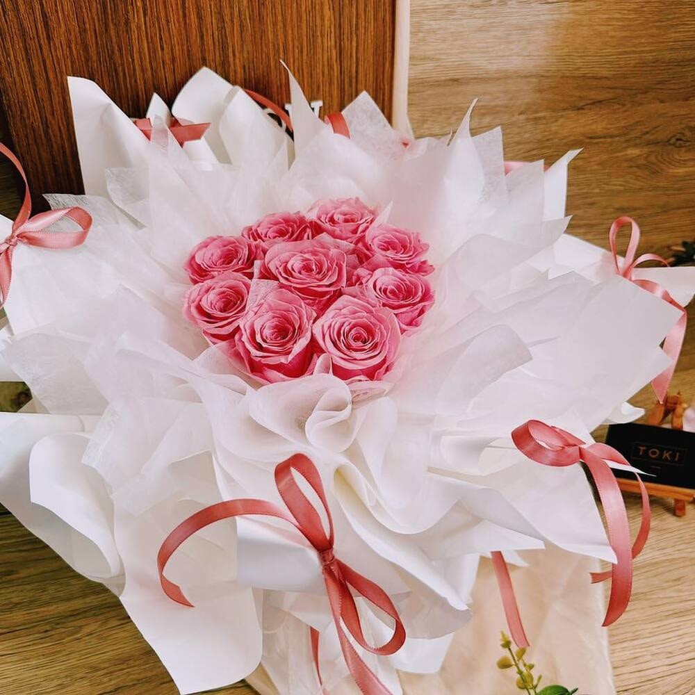 wedding bouquet made of pink preserved roses