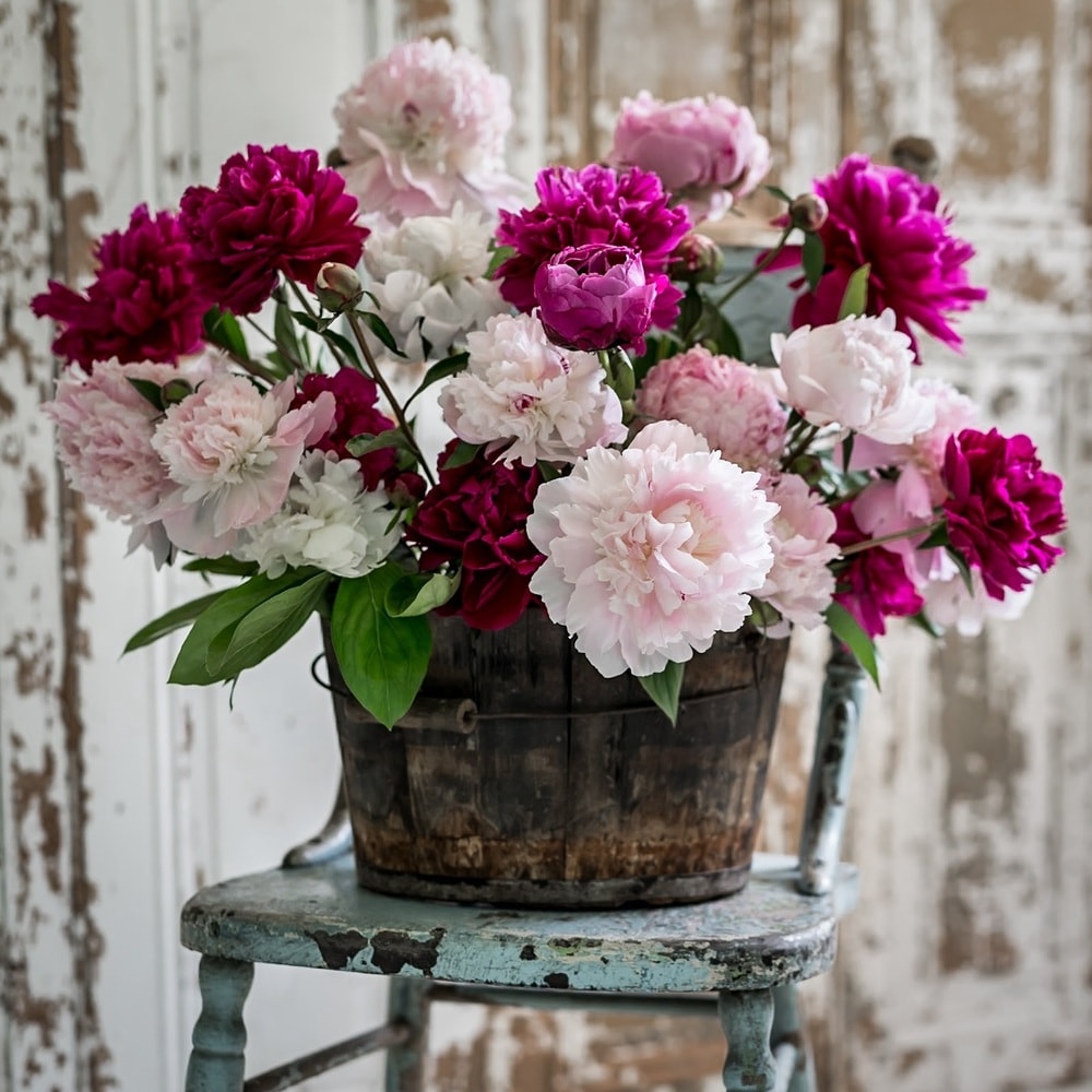 peonies planted in a typical rustic style vase and kept on an old wooden chair