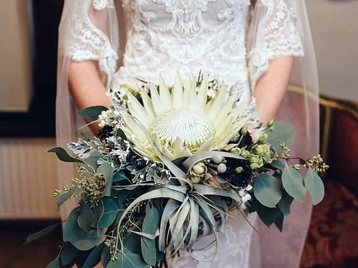 Protea Ayoba Arctic Ice in Wedding Bouquet by ayobaflowers