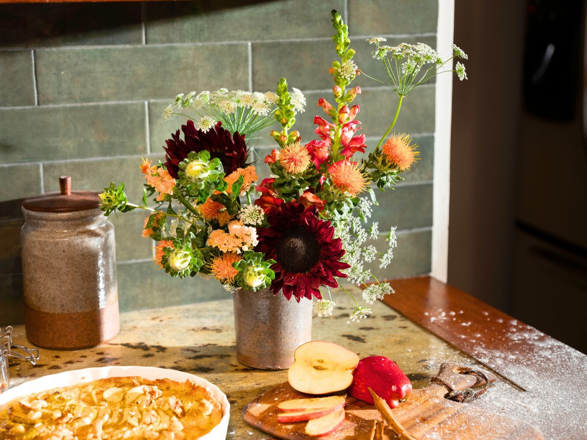 A fall arrangement placed in the kitchen