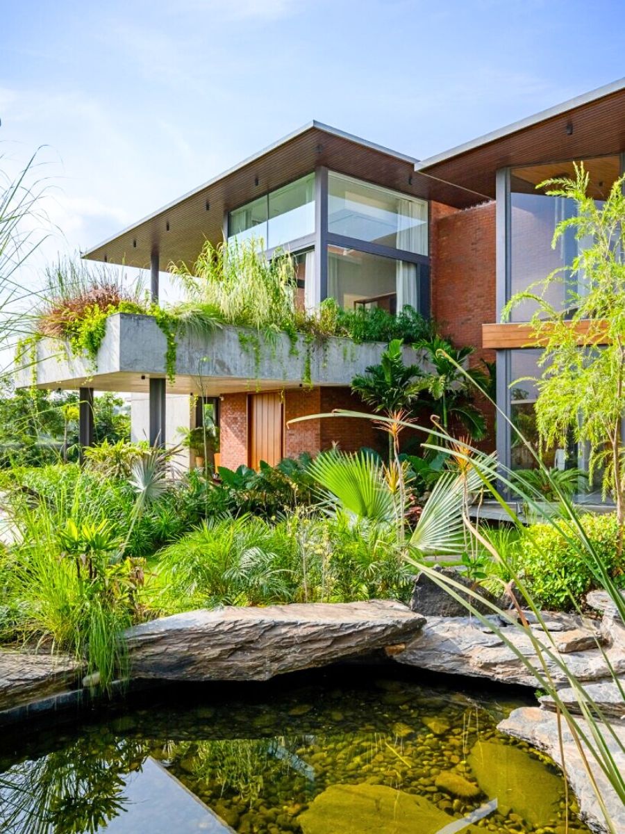 Outside water features and greenery of the house