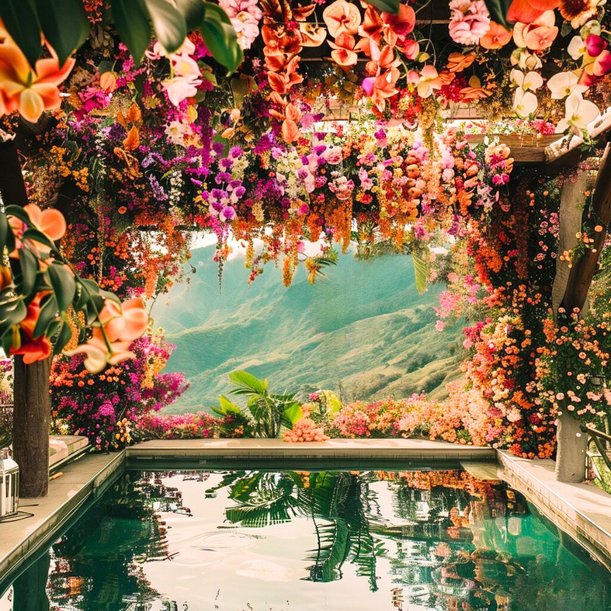 Pool with a mountain view and flowers by Hajar Ali