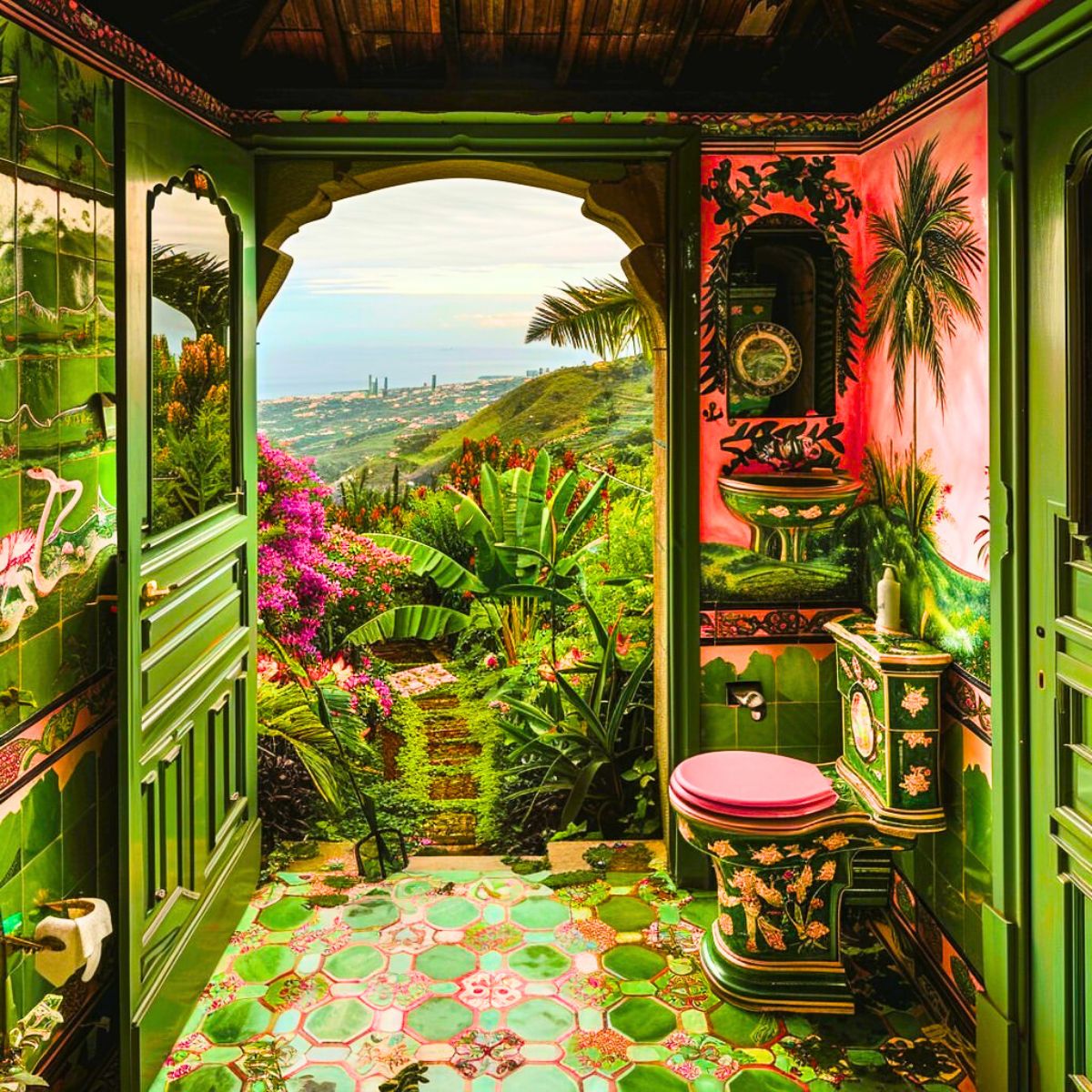 A tropical themed toilet room