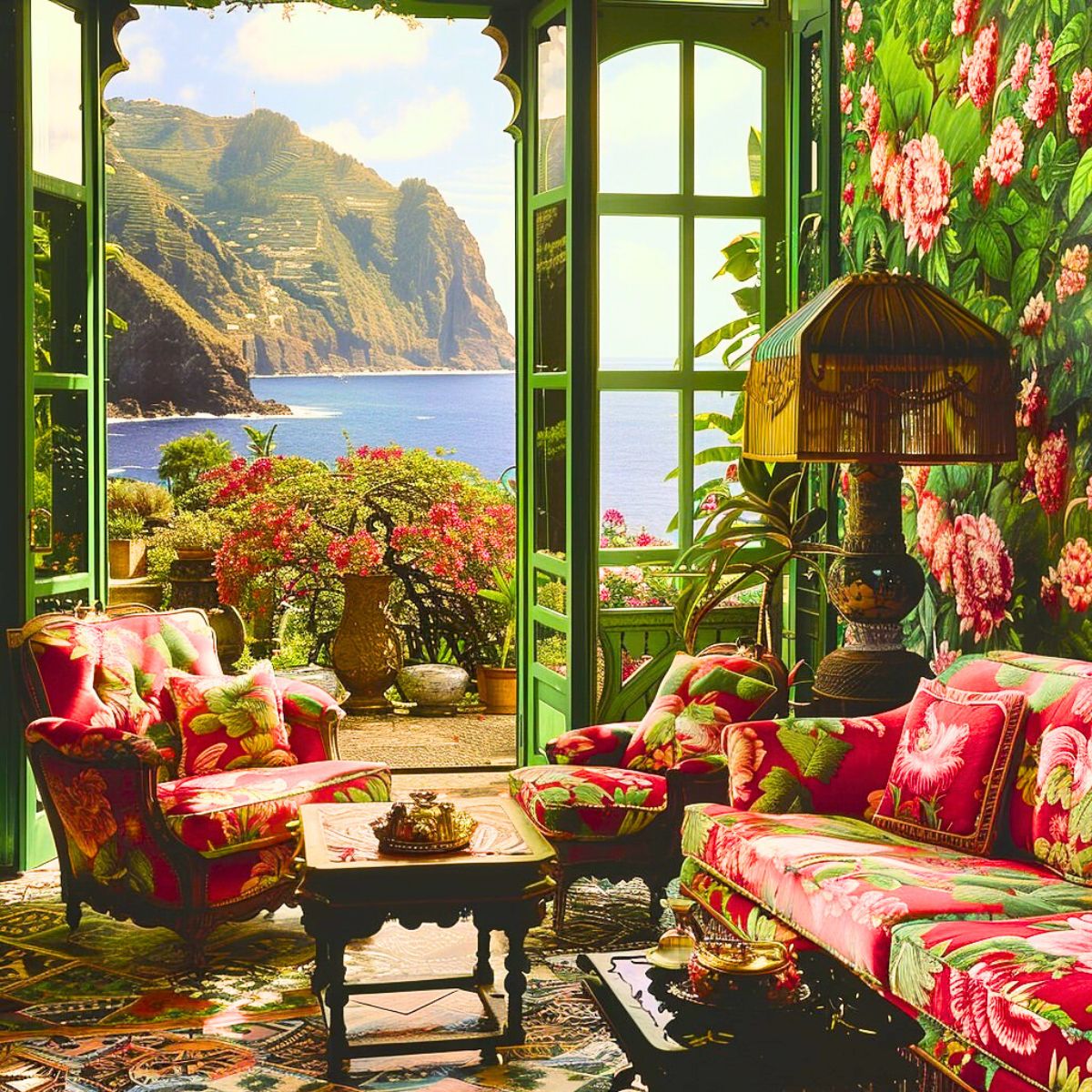 A floral living room created with AI