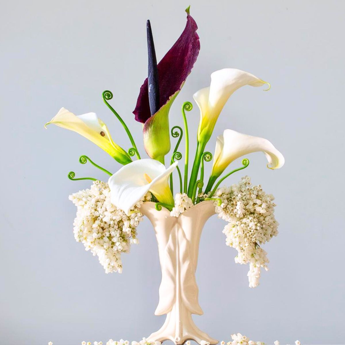 Wintery bouquet of white and a burgundy calla