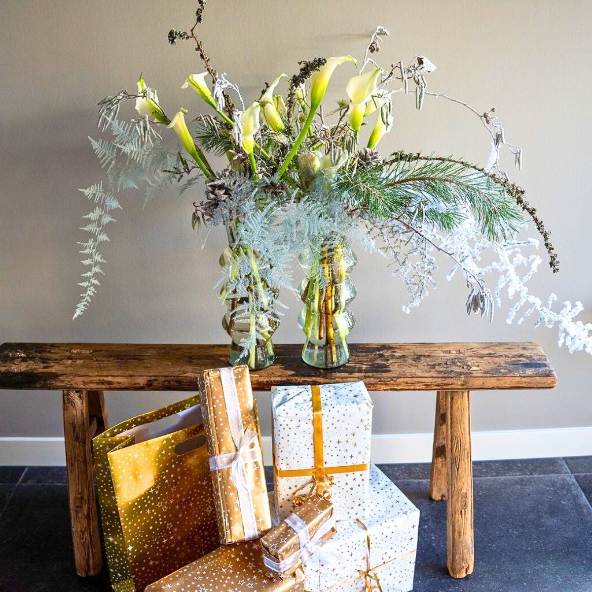 White callas with Xmas gifts