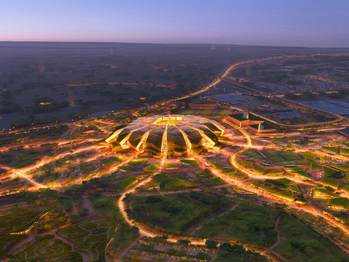 Aerial view of futuristic King Salman Stadium