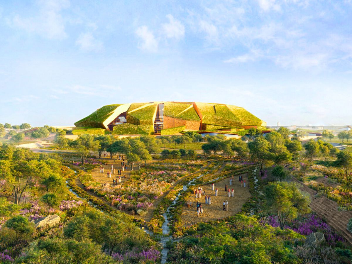 Side render of greens flowers and seed opening stadium