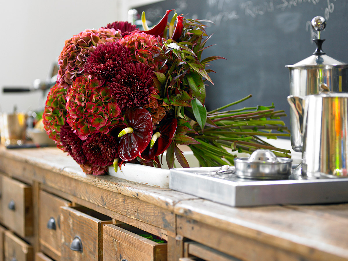 Classic orange hydrangea bouquet with chrysanths