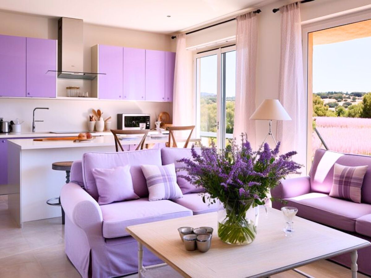 A living room in tones of purple and lavender