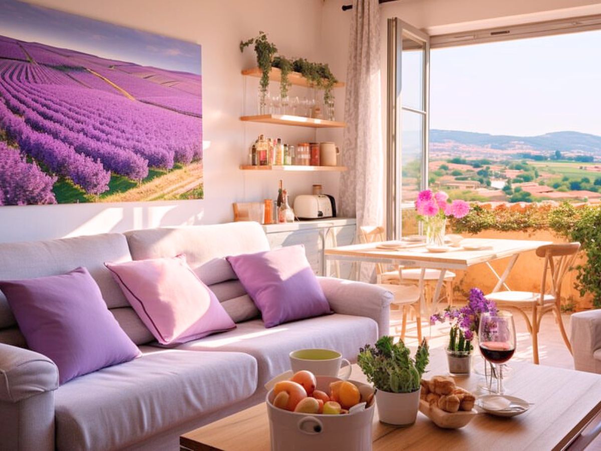 A purple living room with outdoor view