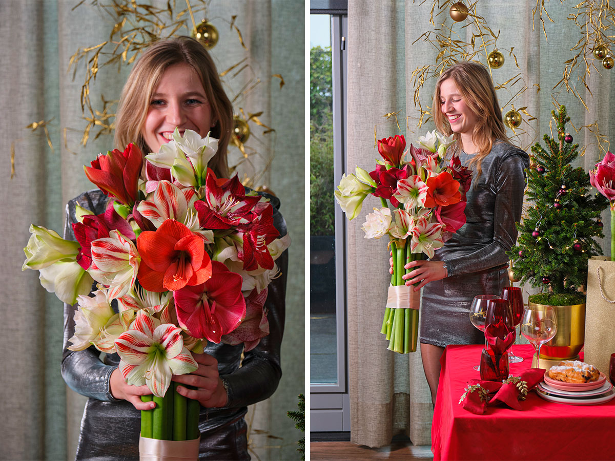 Girl with bunch of Amaryllis for Christmas