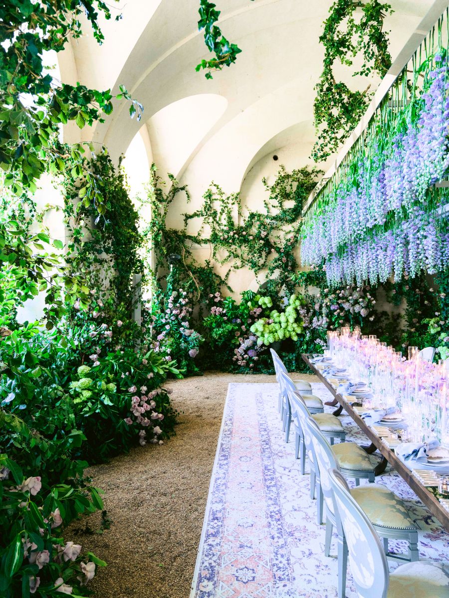 A gorgeous outdoor green and lavender floral decor