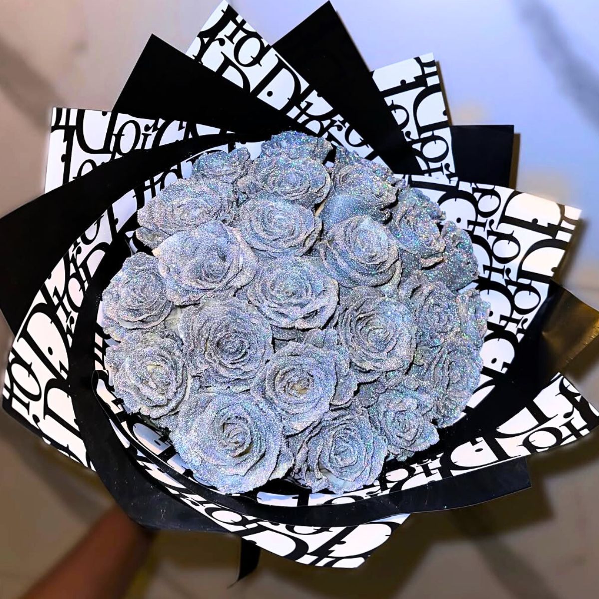 A bouquet of silver glitter roses