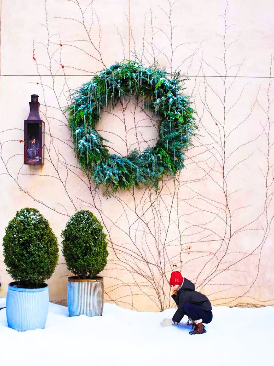 An icicle wreath hanging outdoors