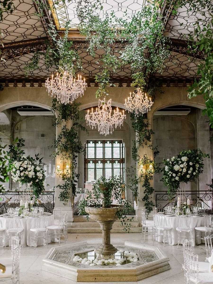 Wedding reception with crystal chandeliers