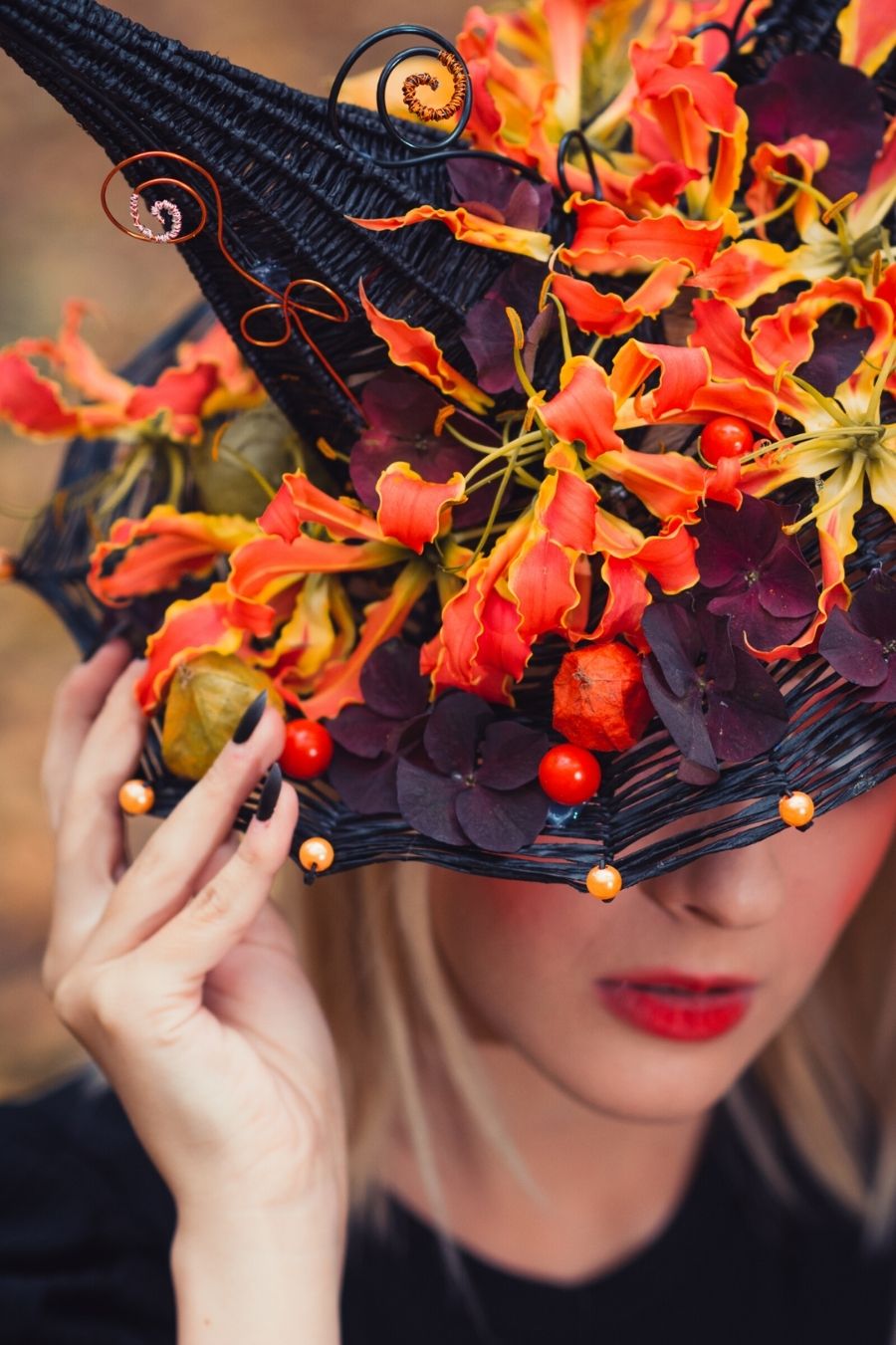 Halloween Showtime With a Floral Hat and a Handmade Floral Jewel 