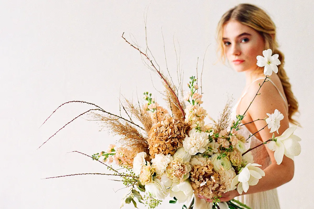 Dried Hydrangea wedding bouquet by Hana Holdener