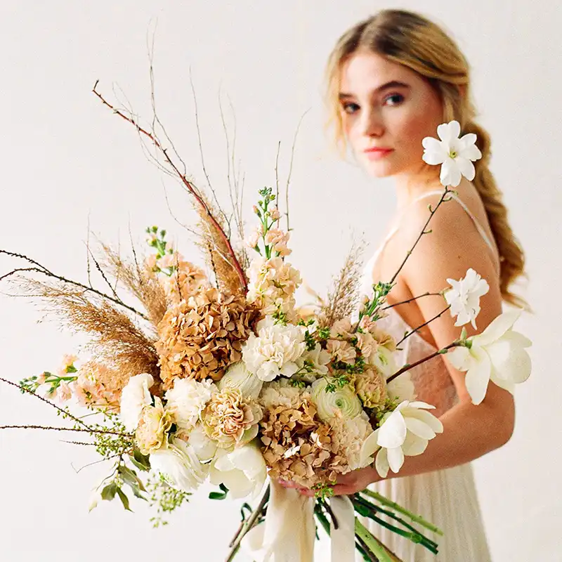 Dried Hydrangea wedding bouquet by Hana Holdener