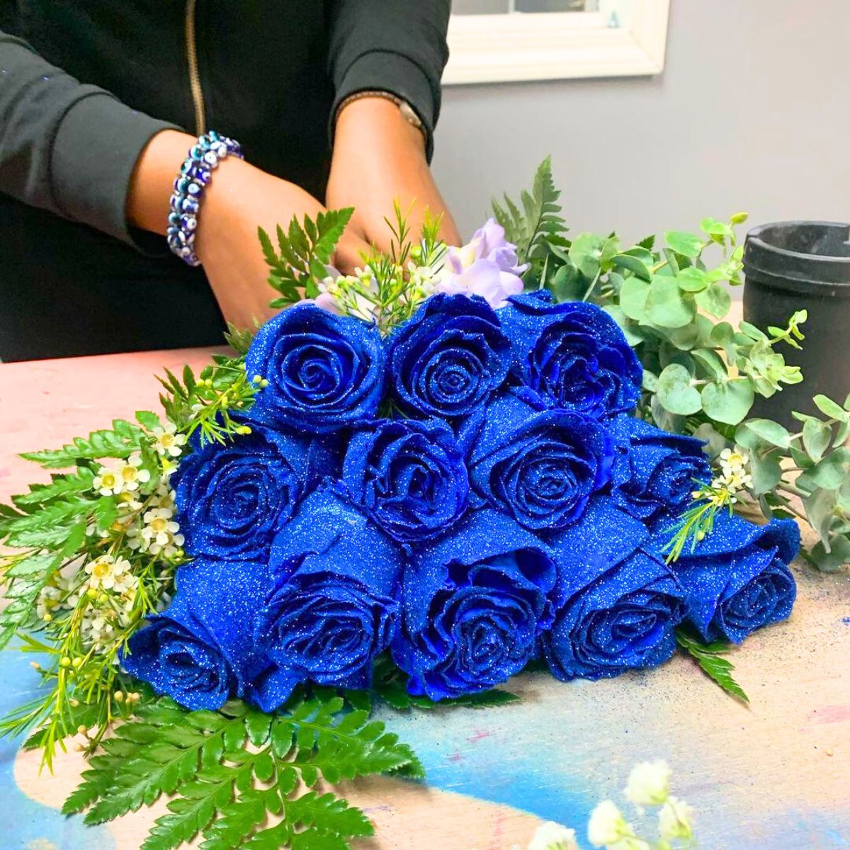 Electric blue glitter roses