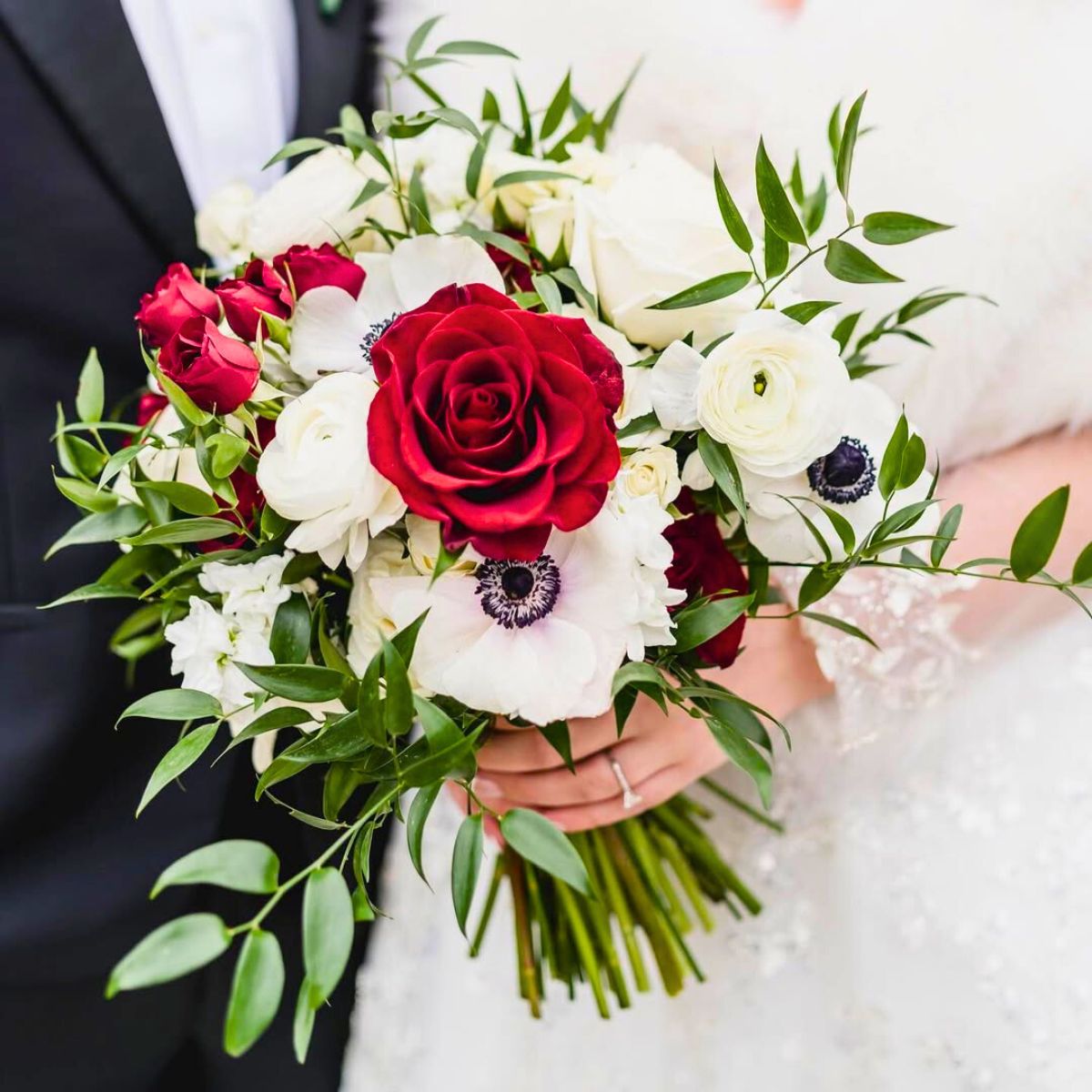 Red and white anemone wedding bouquet