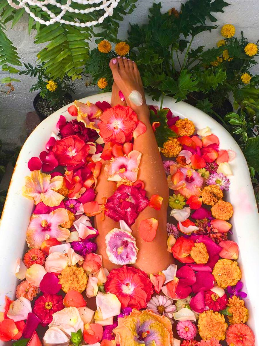 A bathtub full of hibiscus flowers