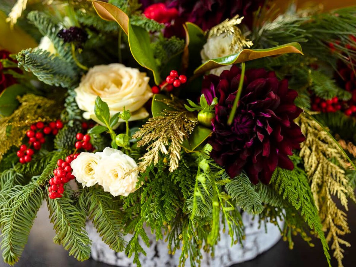 Xmas arrangement using Painted Gold Cedar Noble Fir and White Pine