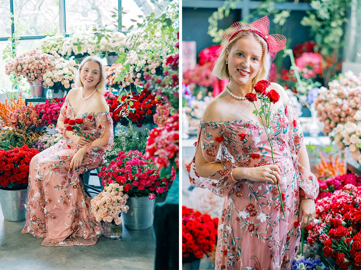 Katya Hutter rose dress with red spray roses