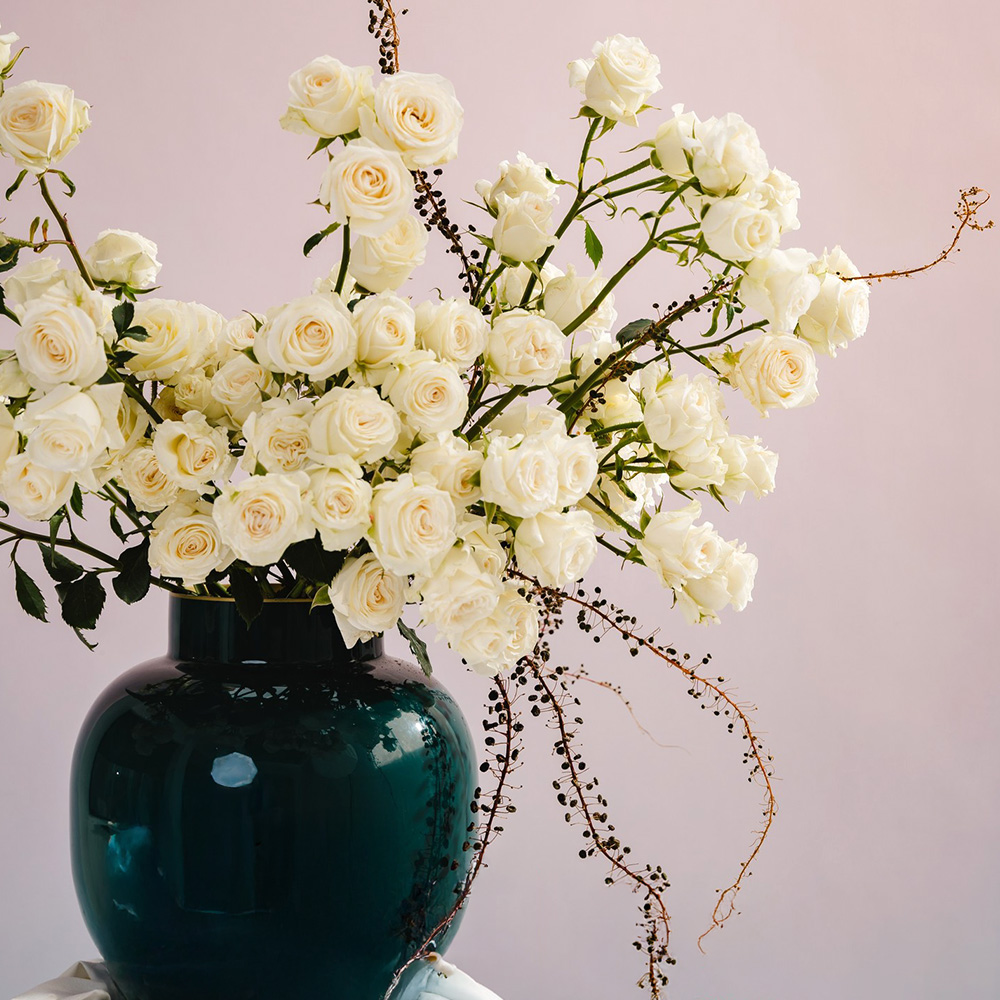 Rose Wedding Blossoms in green vase