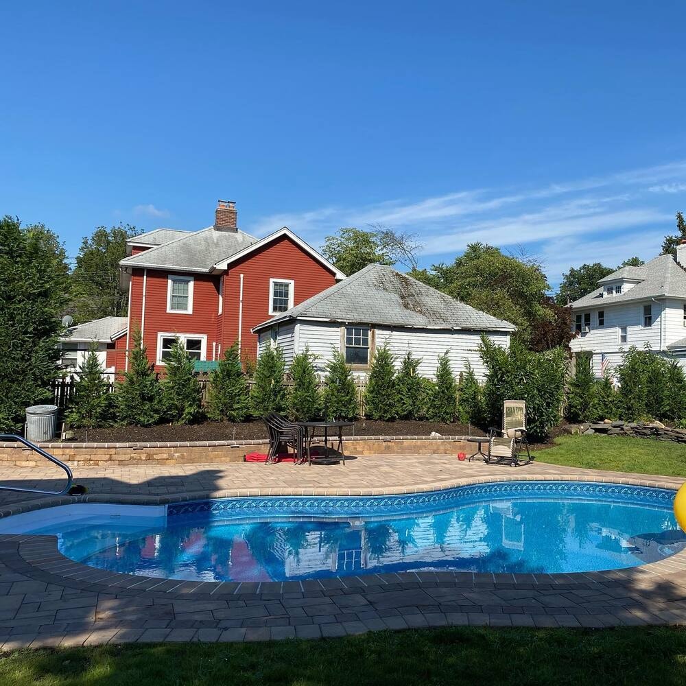 evergreen shrubs planted to provide privacy from neighbors especially at the poolside area