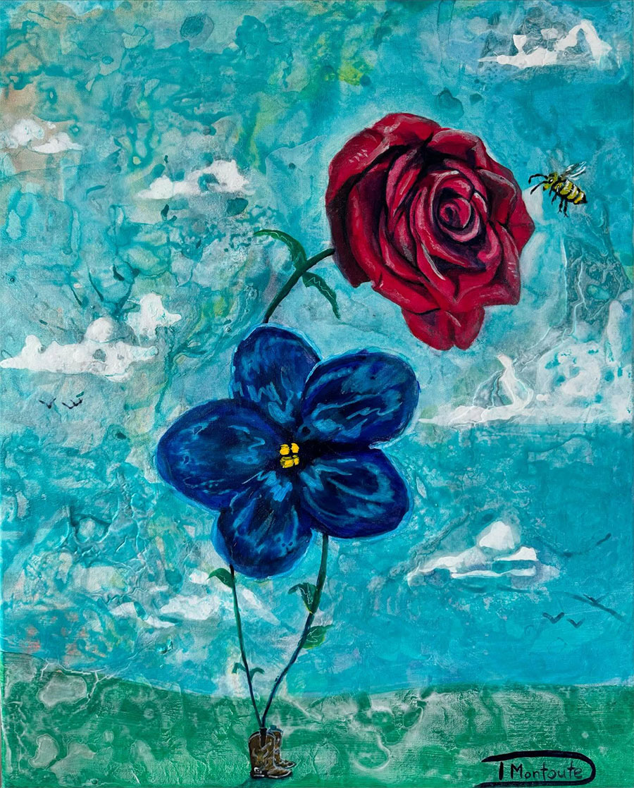 Red rose and blue violet painting by Montoute