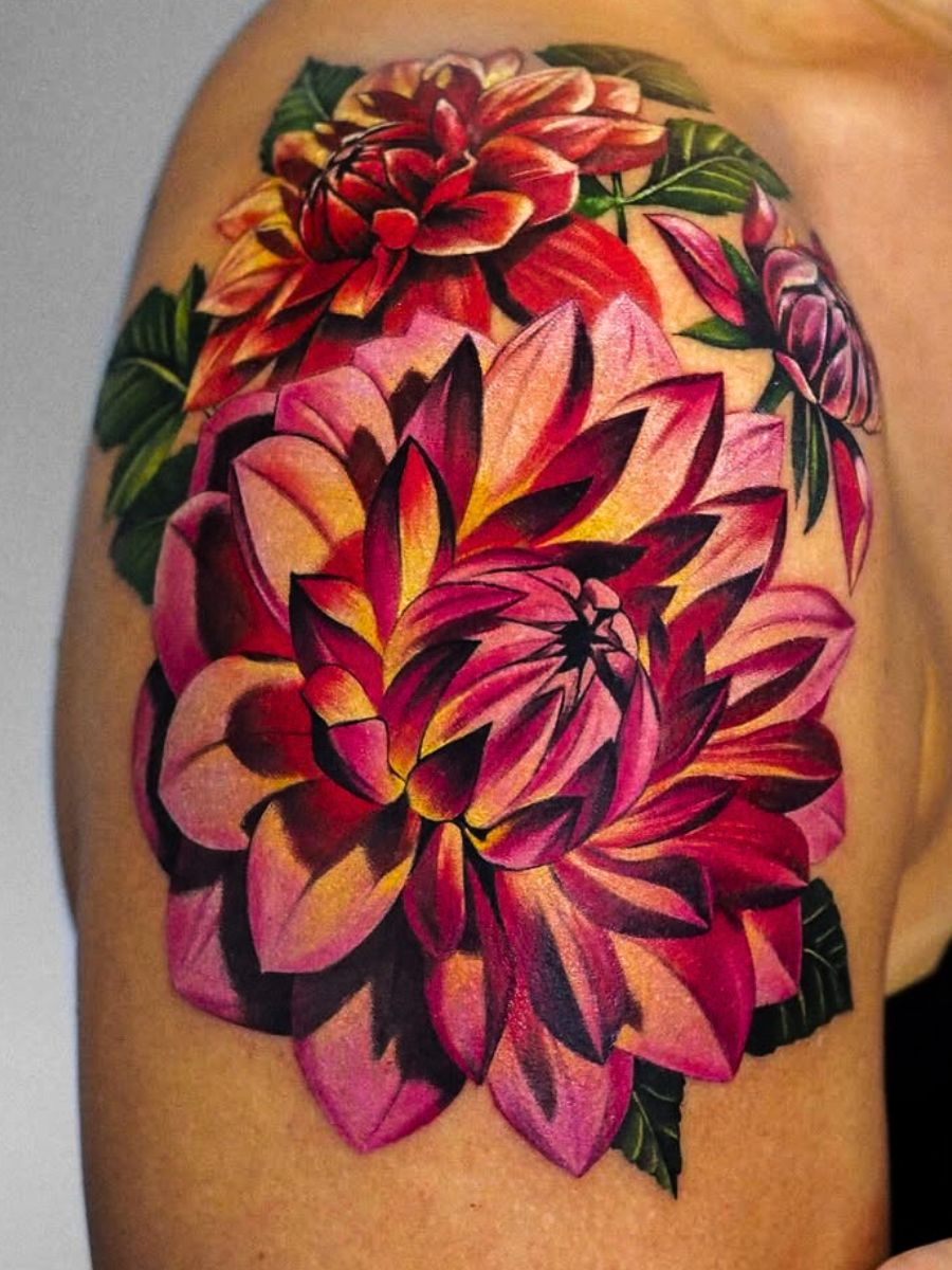 Colorful pink Dahlia tattoo