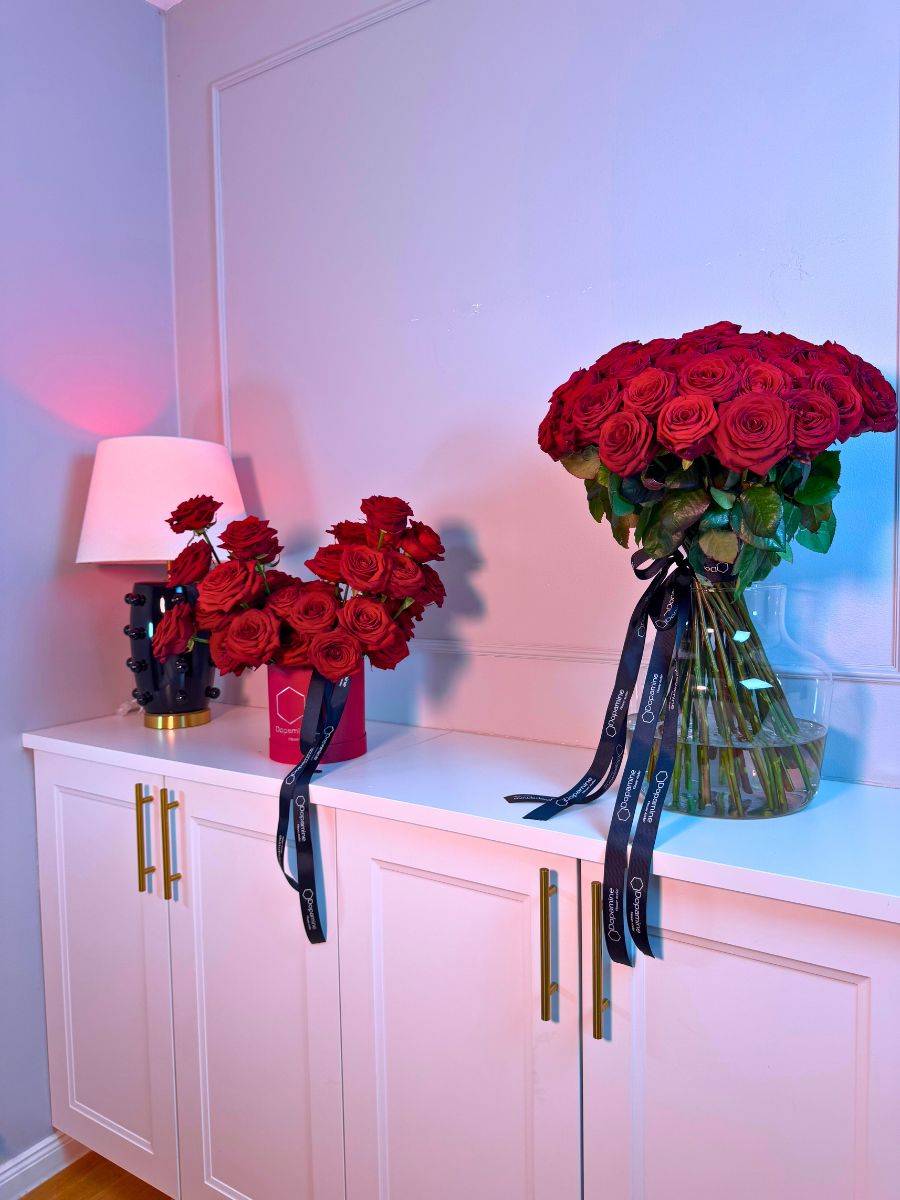 Vase With Porta Nova Red Naomi Roses for Valentines Day by Dopamine