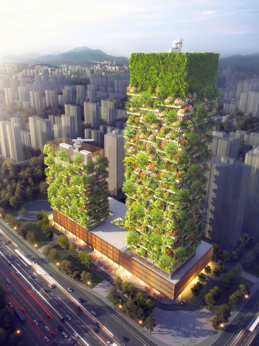 Side view of the vertical gardens at Nanjing Green Towers