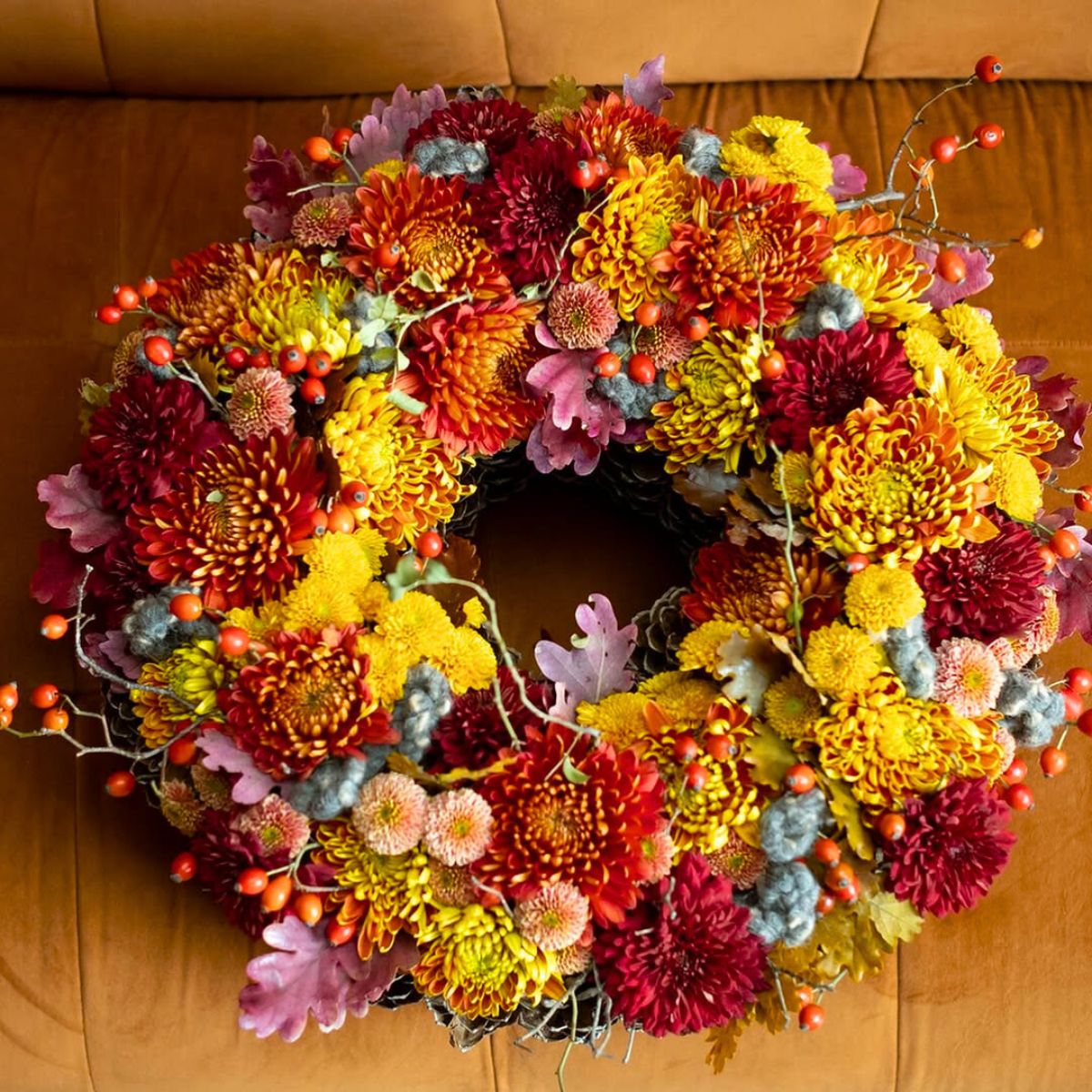 Yellow and red chrysanthemums in an arrangement