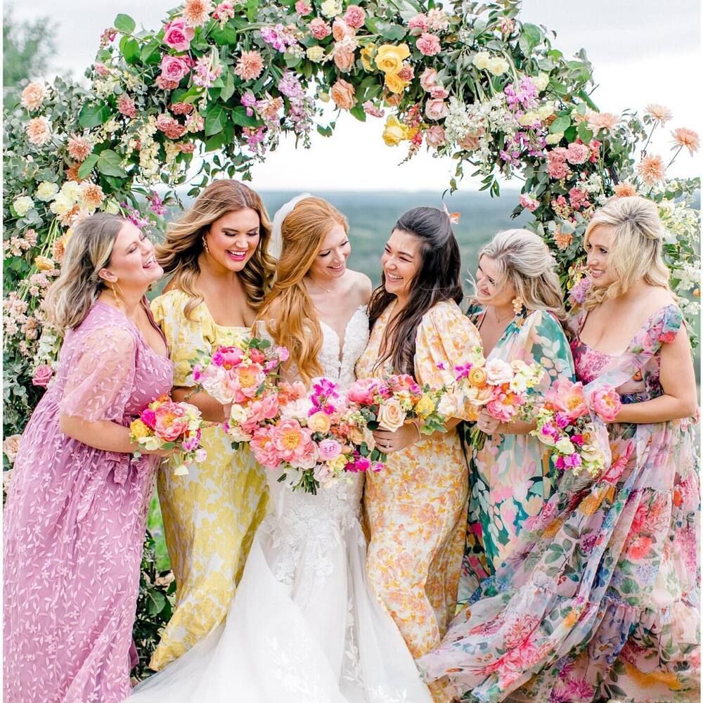 A group of bride with floral decoration