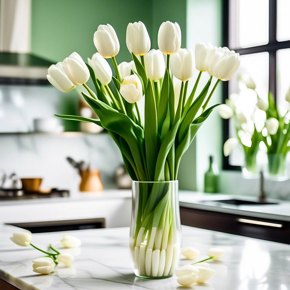 White tulips in a glass vase on a countertop.