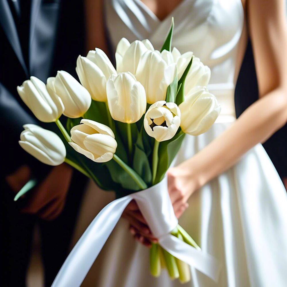 Bride holding a bouquet of white tulips.