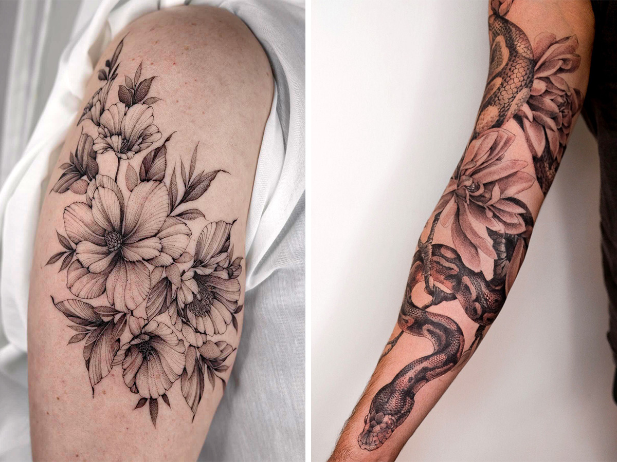 Elegant floral and snake tattoo designs in black ink.