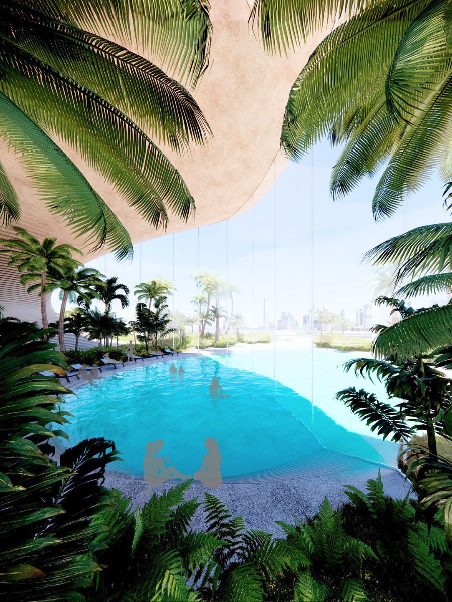 Render of indoor areas with greenery and pool