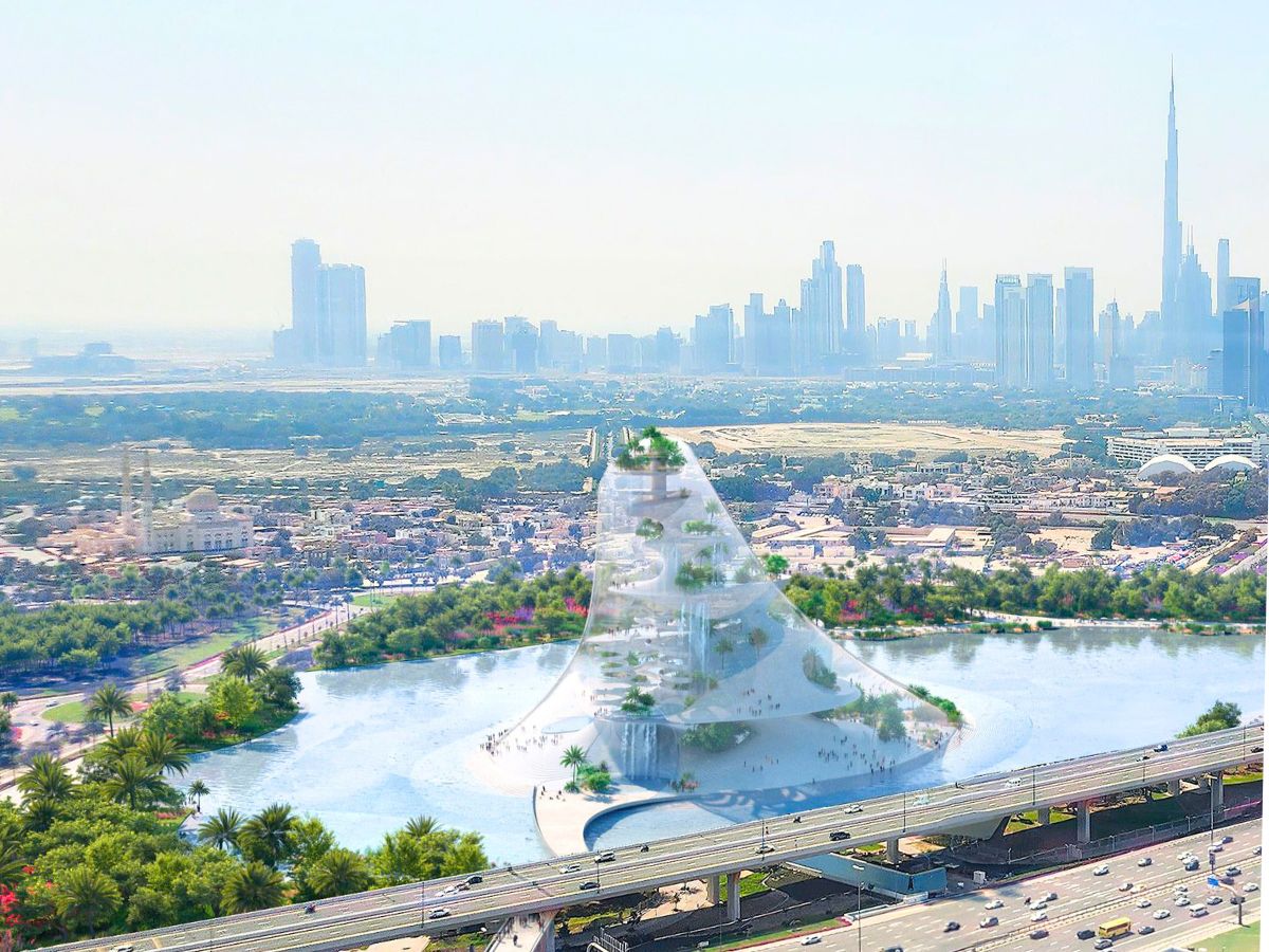 Therme wellness resort with Burj Khalifa tower in background