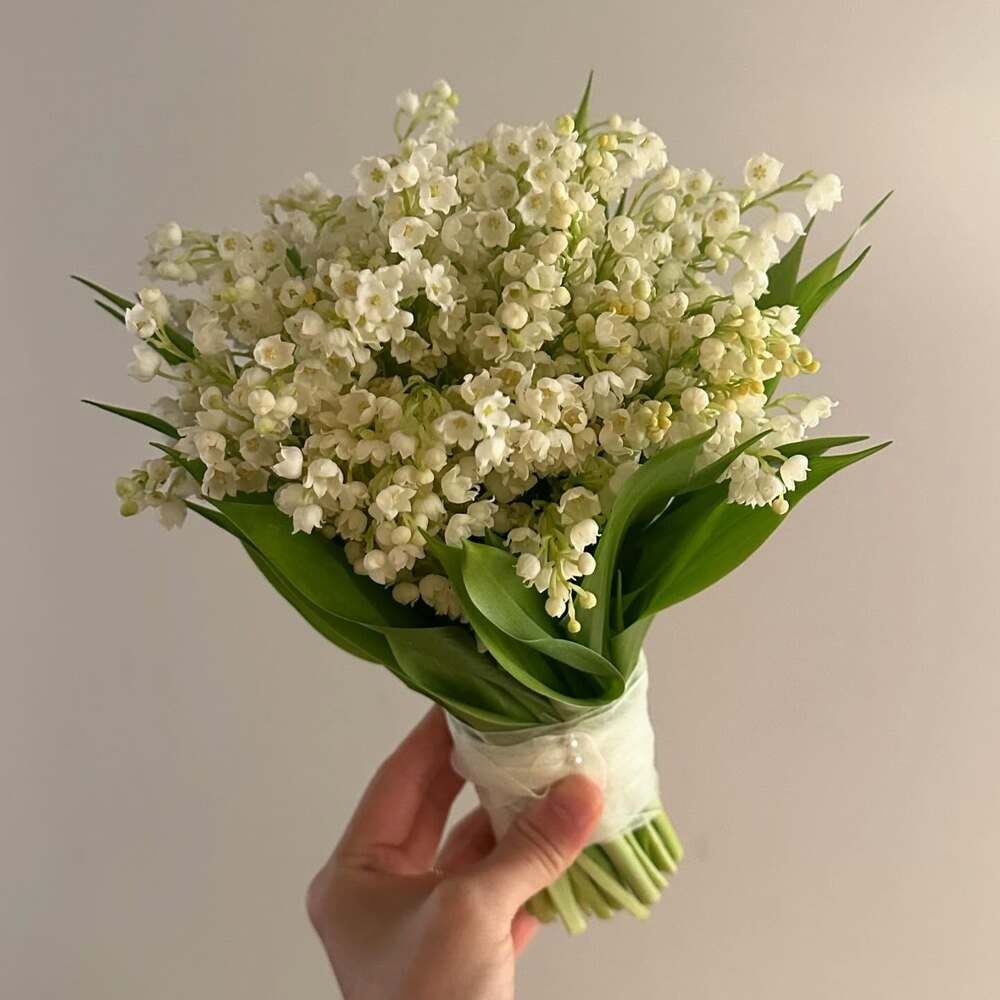 Handheld Lily of the Valley Bridal Bouquet A person holding a fresh bouquet of white Lily of the Valley flowers wrapped in delicate white fabric with pearl accents, against a neutral background.
