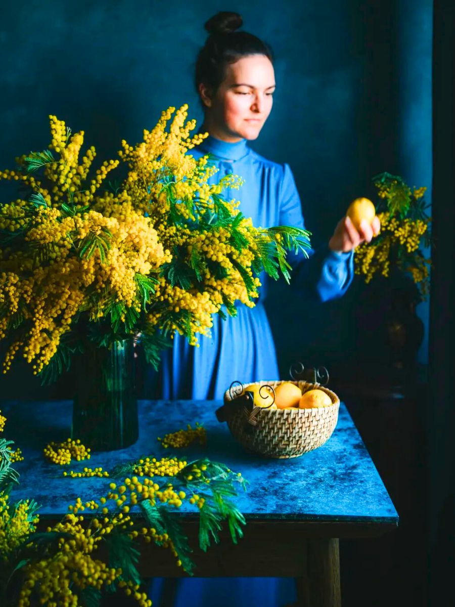 Photoshoot with mimosa flowers