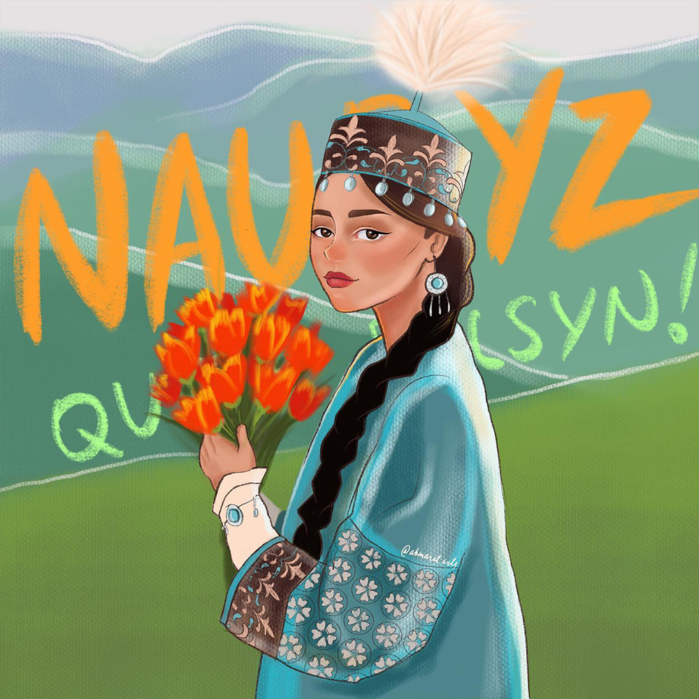 Cartoon girl with tulips for Nauryz